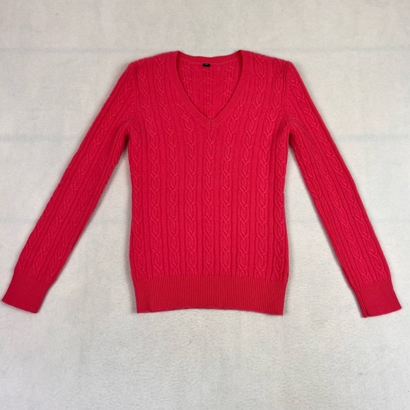 Bubble Gum Pink  V Neck Cashmere Cable Knit Sweater. - Picture 1 of 8